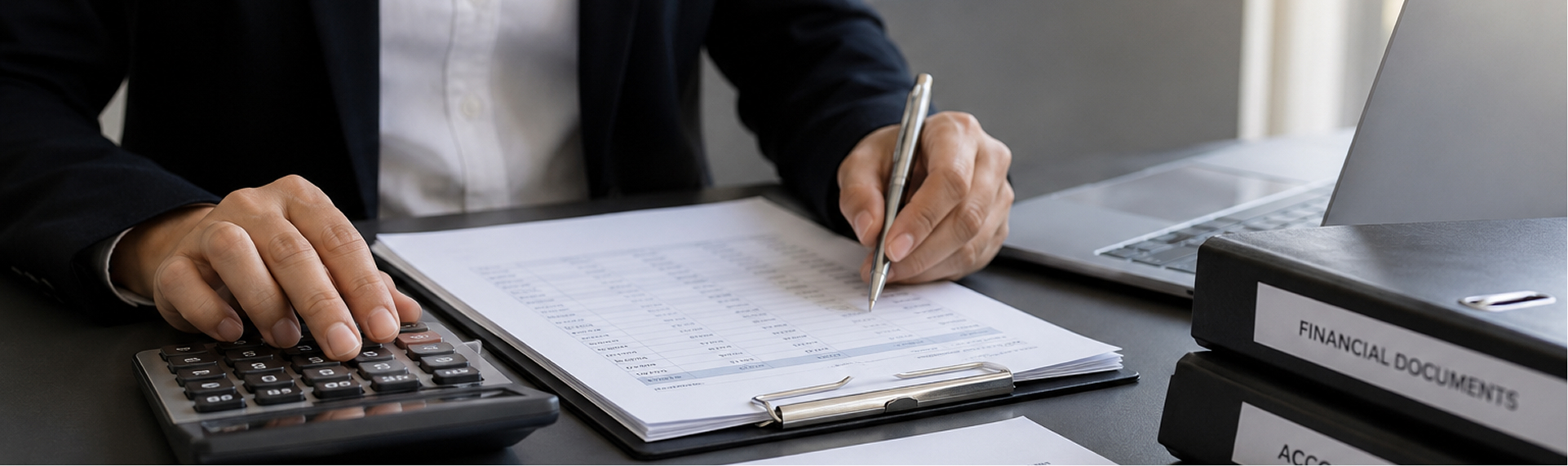 Gros plan d'une experte financière examinant des feuilles de calcul budgétaires avec une calculatrice et des reliures de documents financiers