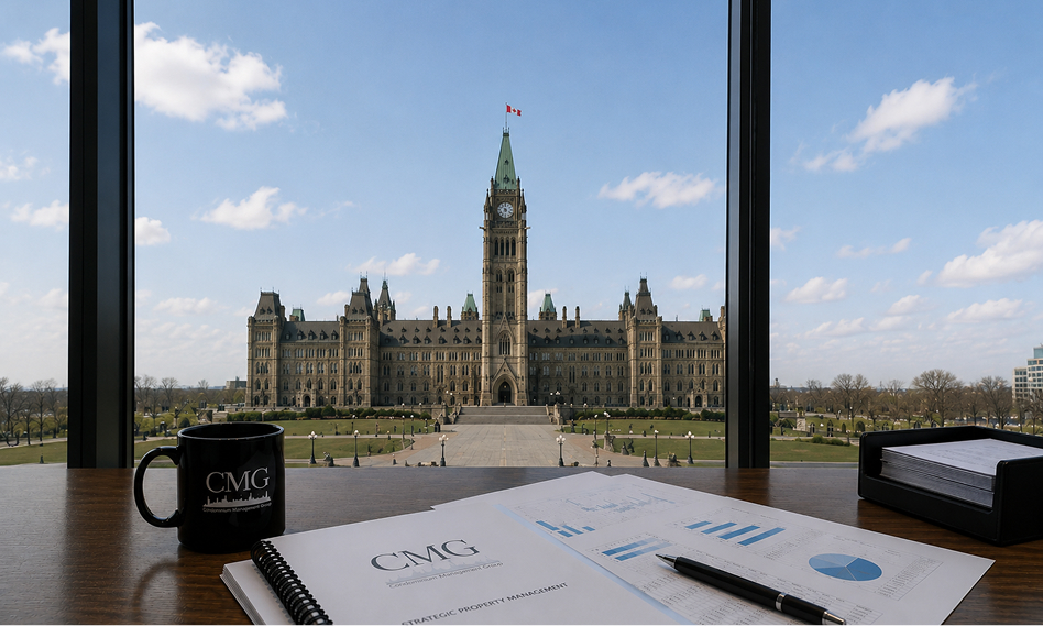 Rapport de gestion stratégique de CMG et tasse de la marque sur un bureau avec vue sur la Colline du Parlement, à Ottawa